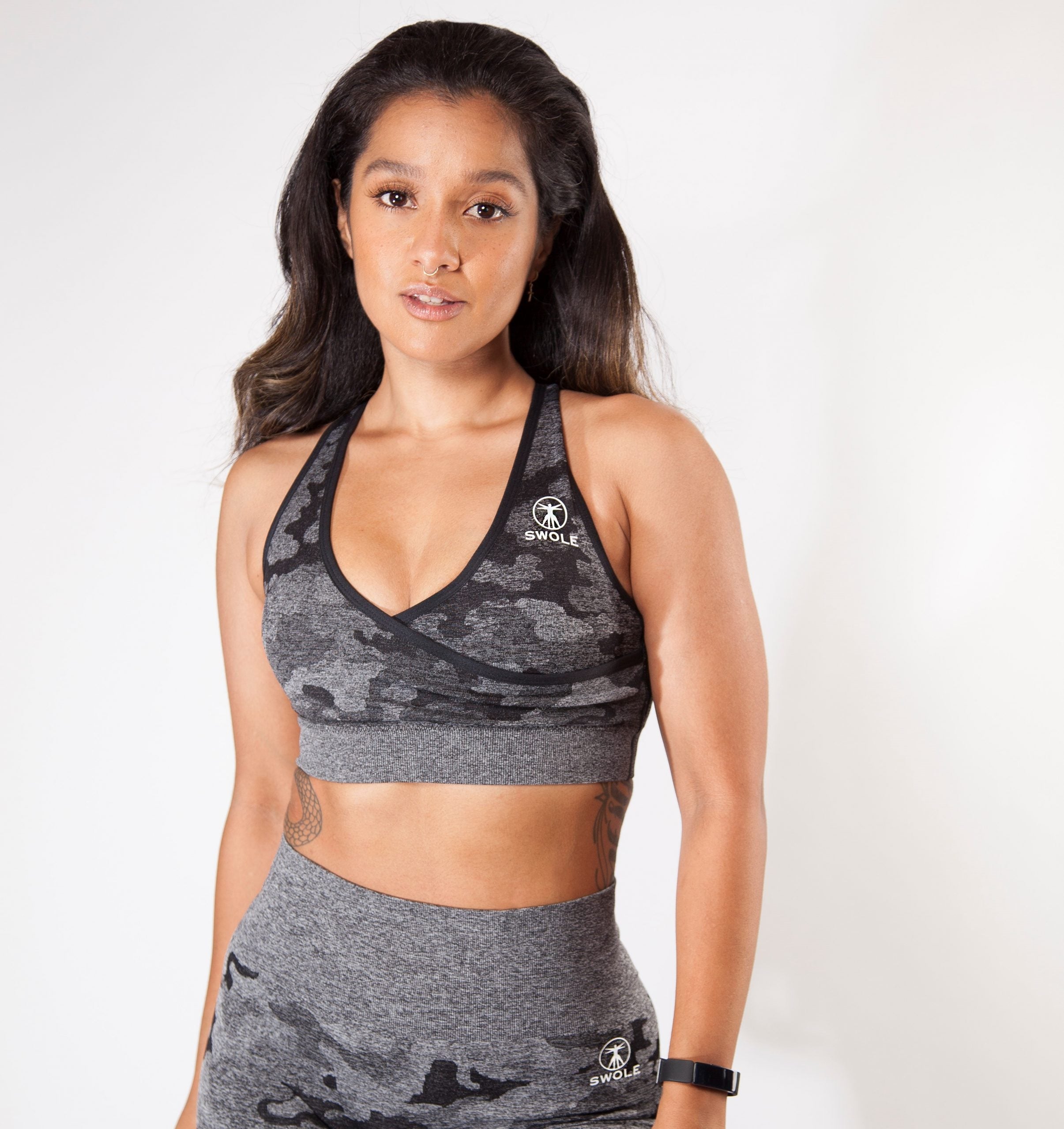 Camo Crossover Sports Bra in Charcoal